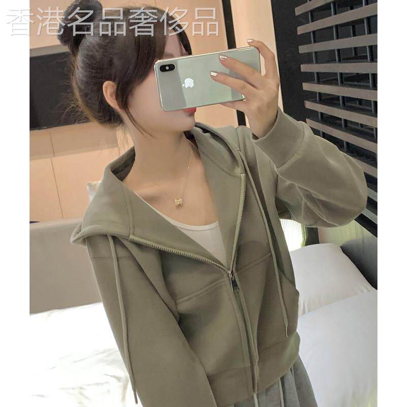 抽绳连帽卫衣女春秋季欧货小个子短款宽松加绒开衫糖果色拉链外套
