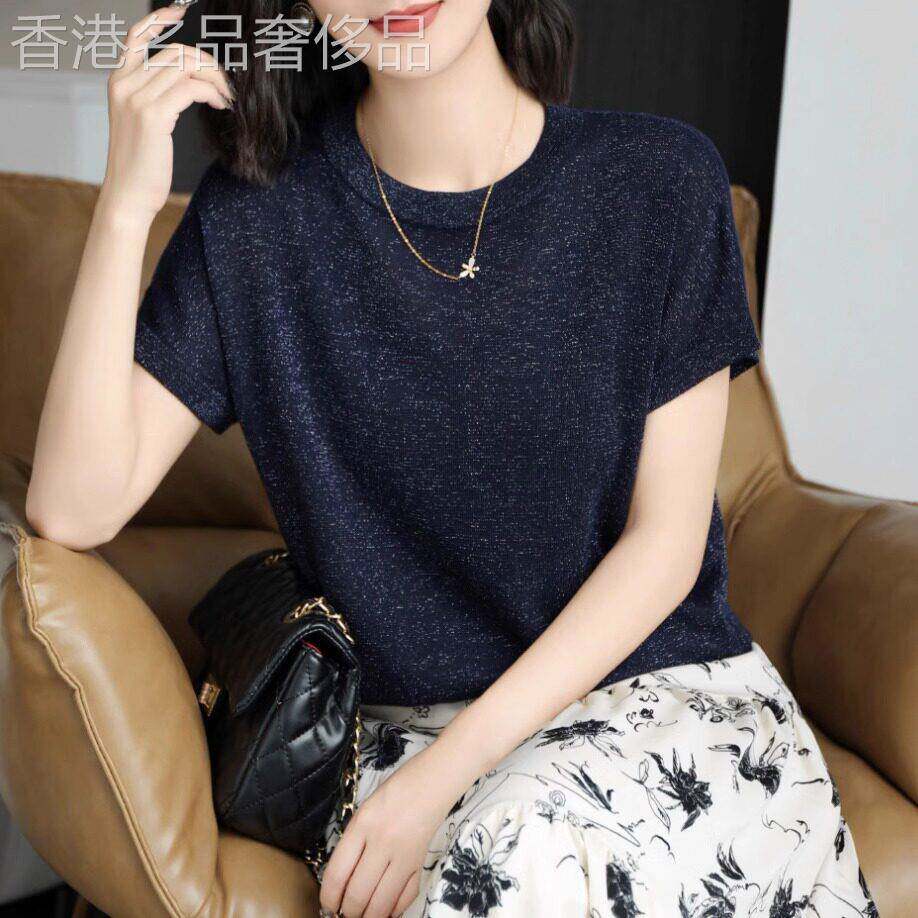 冰丝针织短袖t恤女夏季2026新款韩版时尚亮丝宽松显瘦圆领薄上衣