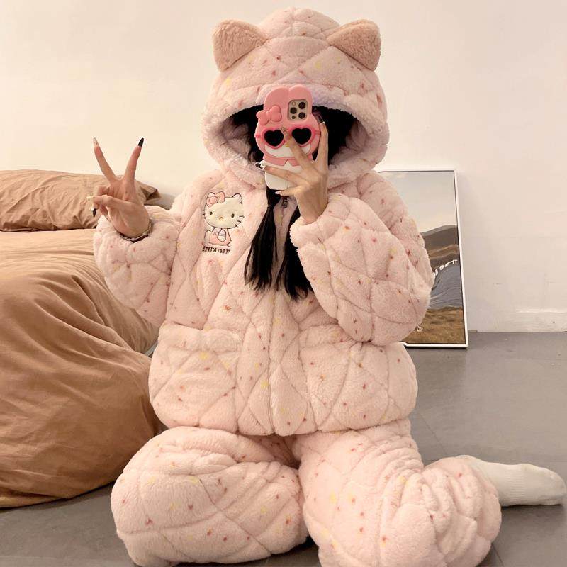 潮牌三层夹棉可爱KT猫睡衣2025秋冬新款珊瑚绒加绒加厚套装家居服