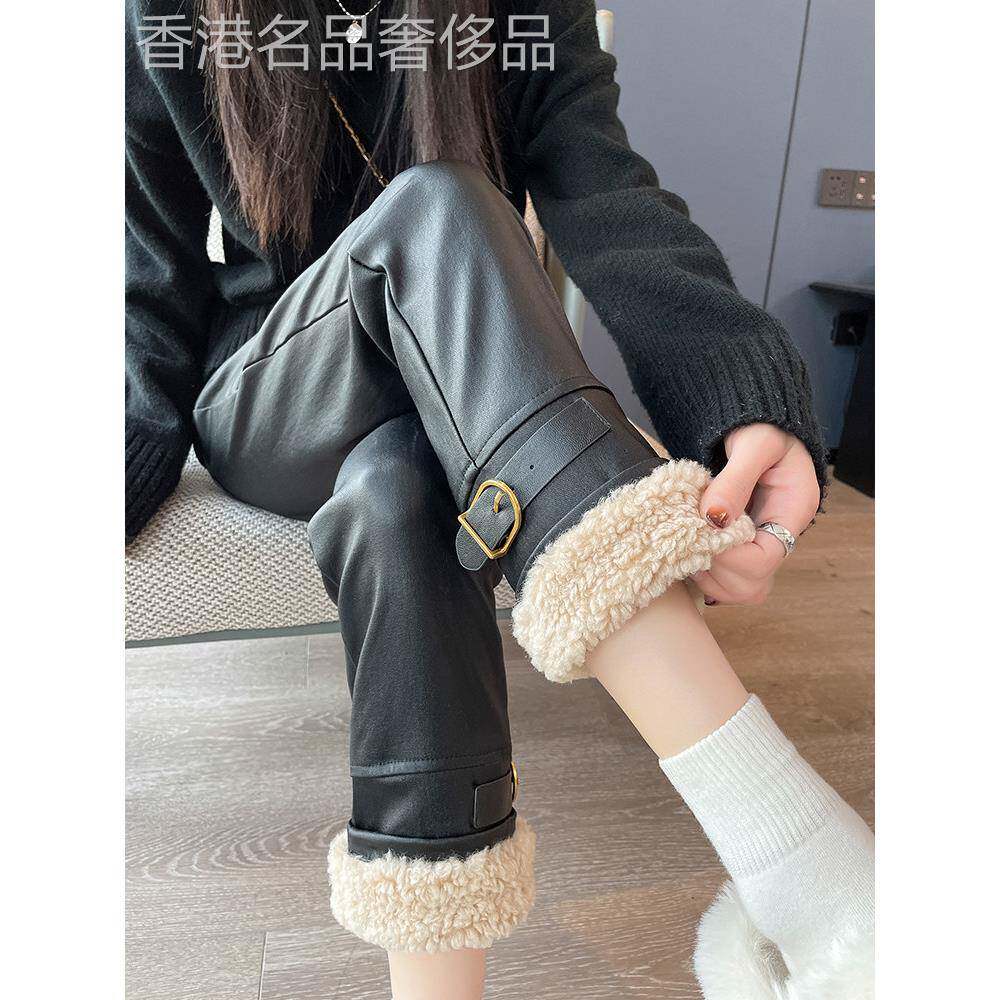 黑色皮裤女2025新款秋冬加绒加厚高腰修身显瘦彷羊羔毛拼接休闲裤