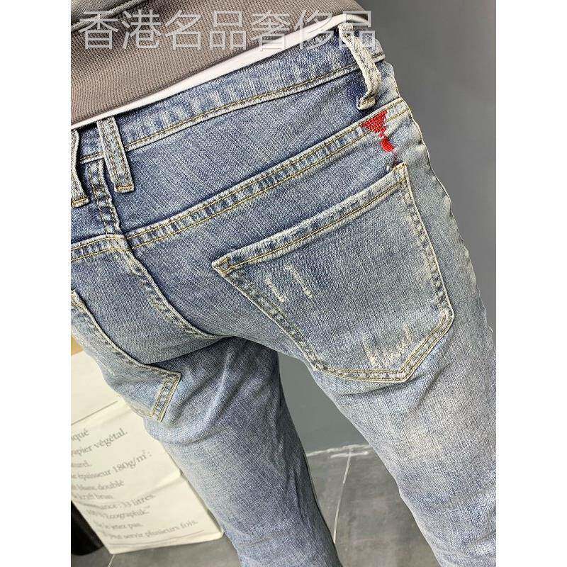 潮牌男士牛仔裤男秋季浅色美式覆古刺绣韩版百搭修身小脚九分裤子