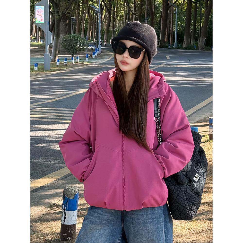 潮牌连帽短款夹棉冲锋衣外套女2025秋冬新款小个子夹克休闲棉服潮