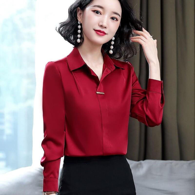 红色真丝断面长袖衬衫女春装2025新款垂落感上衣洋派小衫女士衬衫