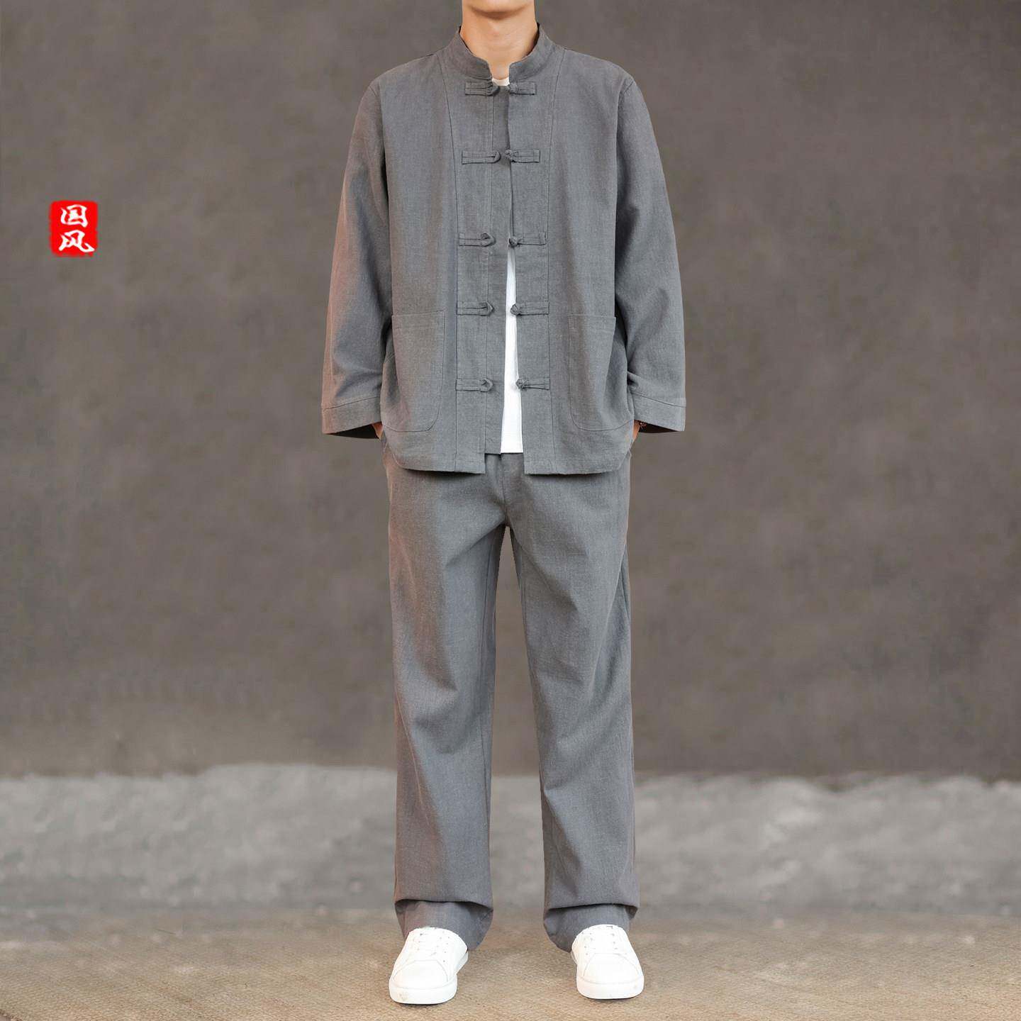 高端品牌新中式可外穿家居服男款春秋款秋季棉麻长袖大尺码睡衣套
