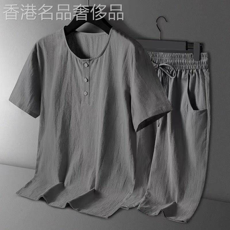 中国风亚麻短袖T恤男士套装2026新款夏季中式棉麻短裤两件套男款