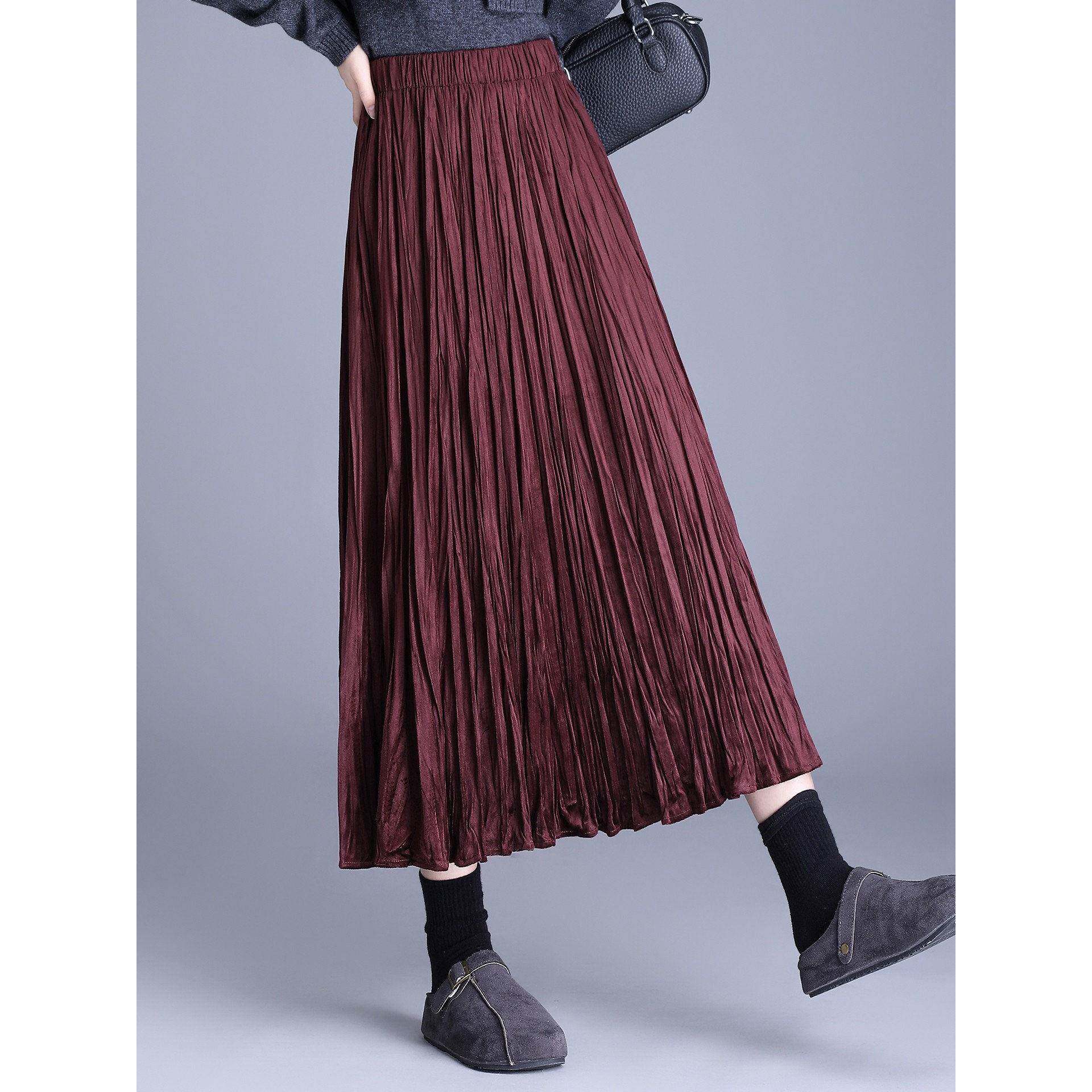 时尚红色丝绒半身裙女2025年秋冬新款高腰显瘦长款褶皱大摆a字裙