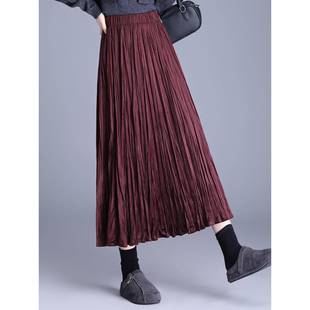 时尚红色丝绒半身裙女2025年秋冬新款高腰显瘦长款褶皱大摆a字裙