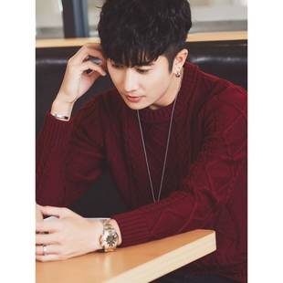 秋冬圆领红色毛衣男加绒棉毛针织衫潮流本命年手工粗线麻花打底衫