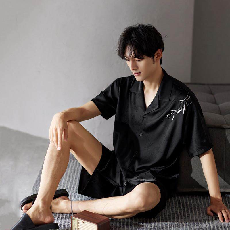 睡衣男士夏季冰丝短袖短裤家居服男款真丝黑色中国风新中式薄套装