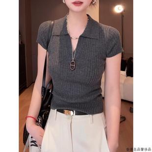 韩国坑条灰色翻领针织短袖 上衣 t恤女2025夏季 高级感气质百搭短款