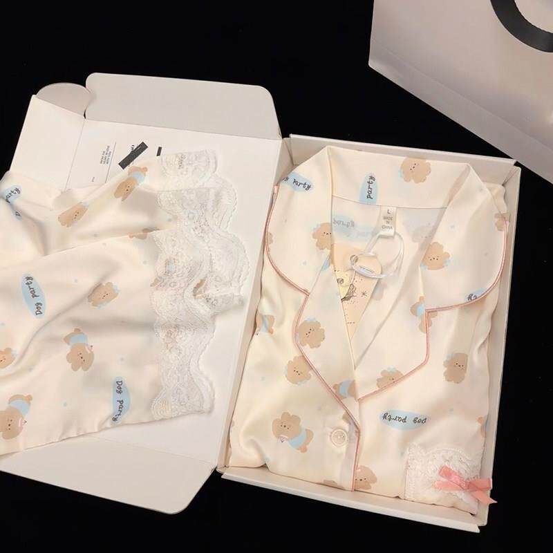 小熊真丝睡衣女春秋款长袖长裤送闺蜜女友生日礼物丝绸家居服套装