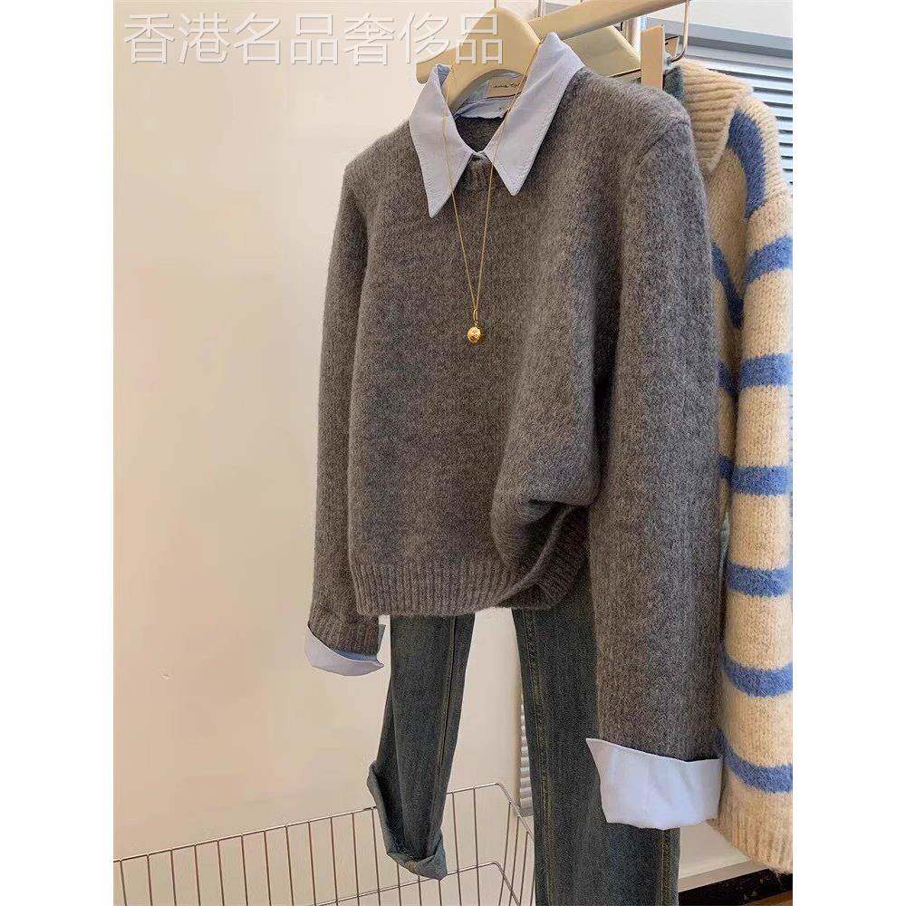 灰色假两件套Polo衫领内毛衣为妇女春秋季懒惰风格宽松底衬衫针织