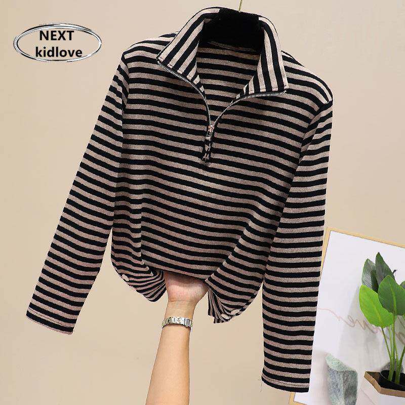 香港大码立领长袖条纹打底衫t恤女胖mm显瘦纯棉卫衣流行款休闲潮