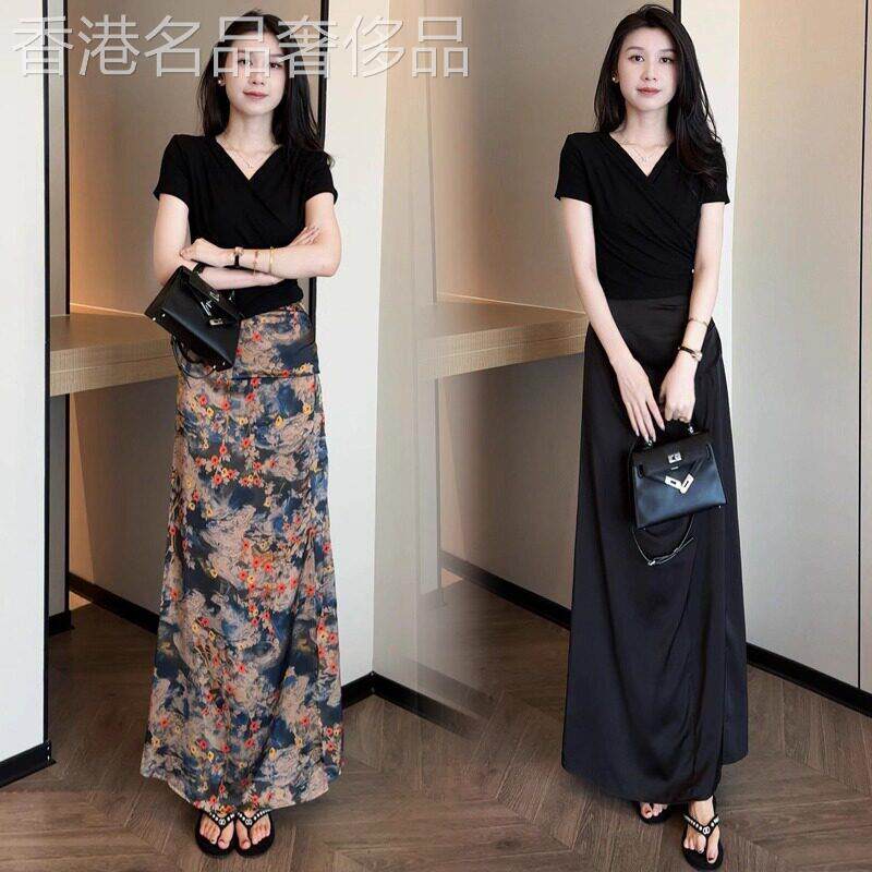 香港代购时尚套装裙女夏新款显瘦V领绑带上压褶开 叉半身裙两件套