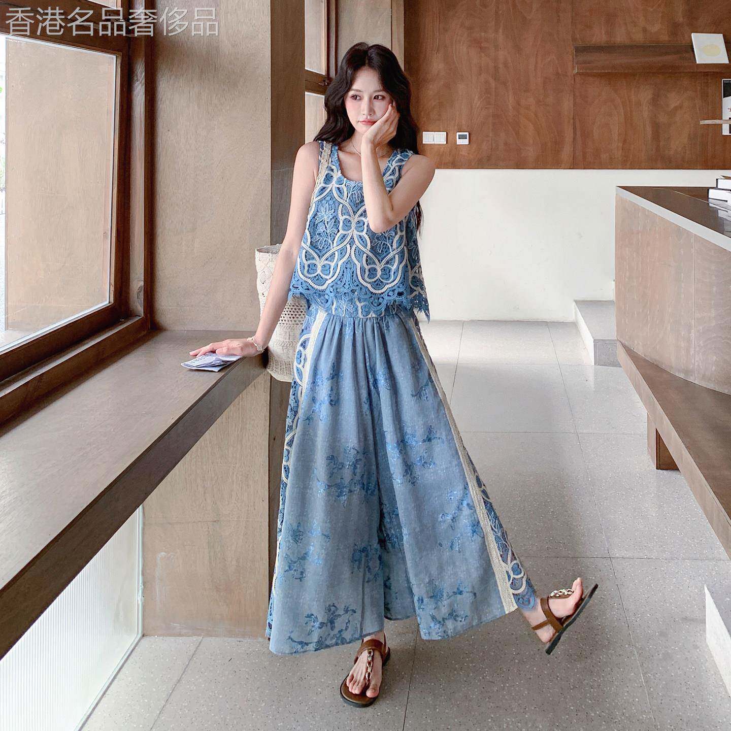 蓝色新中式国风套装女2026夏独特高级感镂空背心刺绣阔腿裤两件套