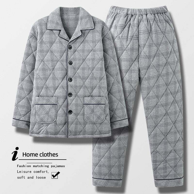 日本夹棉全棉男睡衣男士秋冬款长袖三层加厚纯棉家居服保暖棉袄