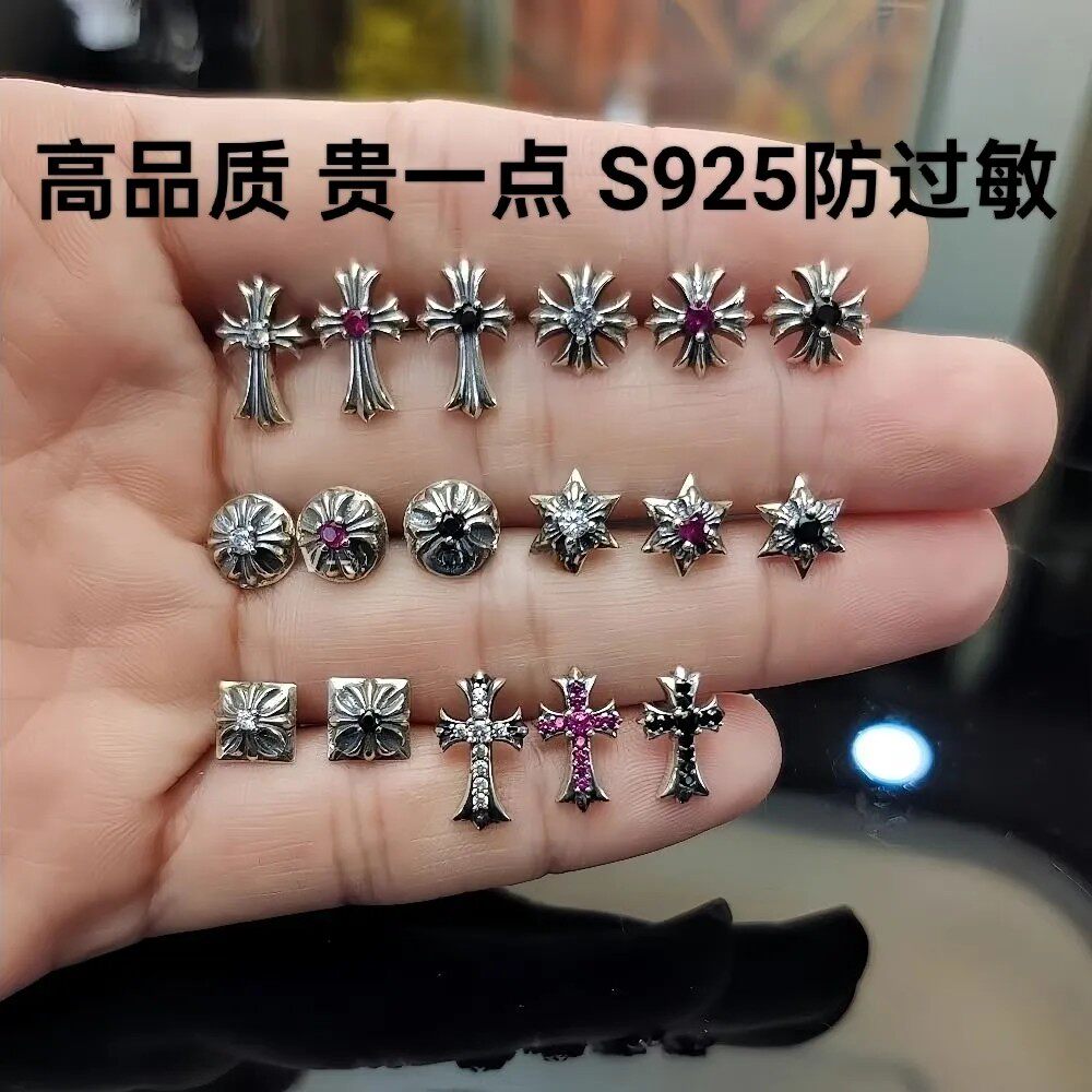 复古十字架耳钉带钻防过敏个性泰银纯银针925朋克男女情侣耳环