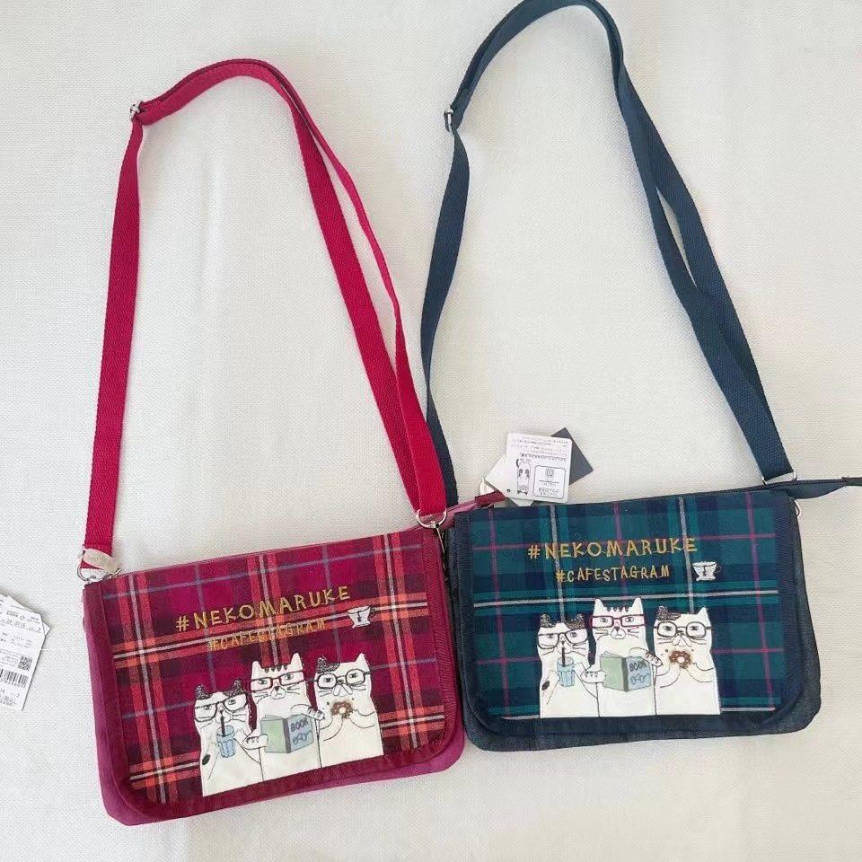 日本Kusuguru刺绣眼镜猫格子斜挎包单肩包多层收纳数据线钱包,箱包皮具/热销女包/男包,时尚帆布包,淘宝优惠券,粉丝福利购,淘宝优惠卷