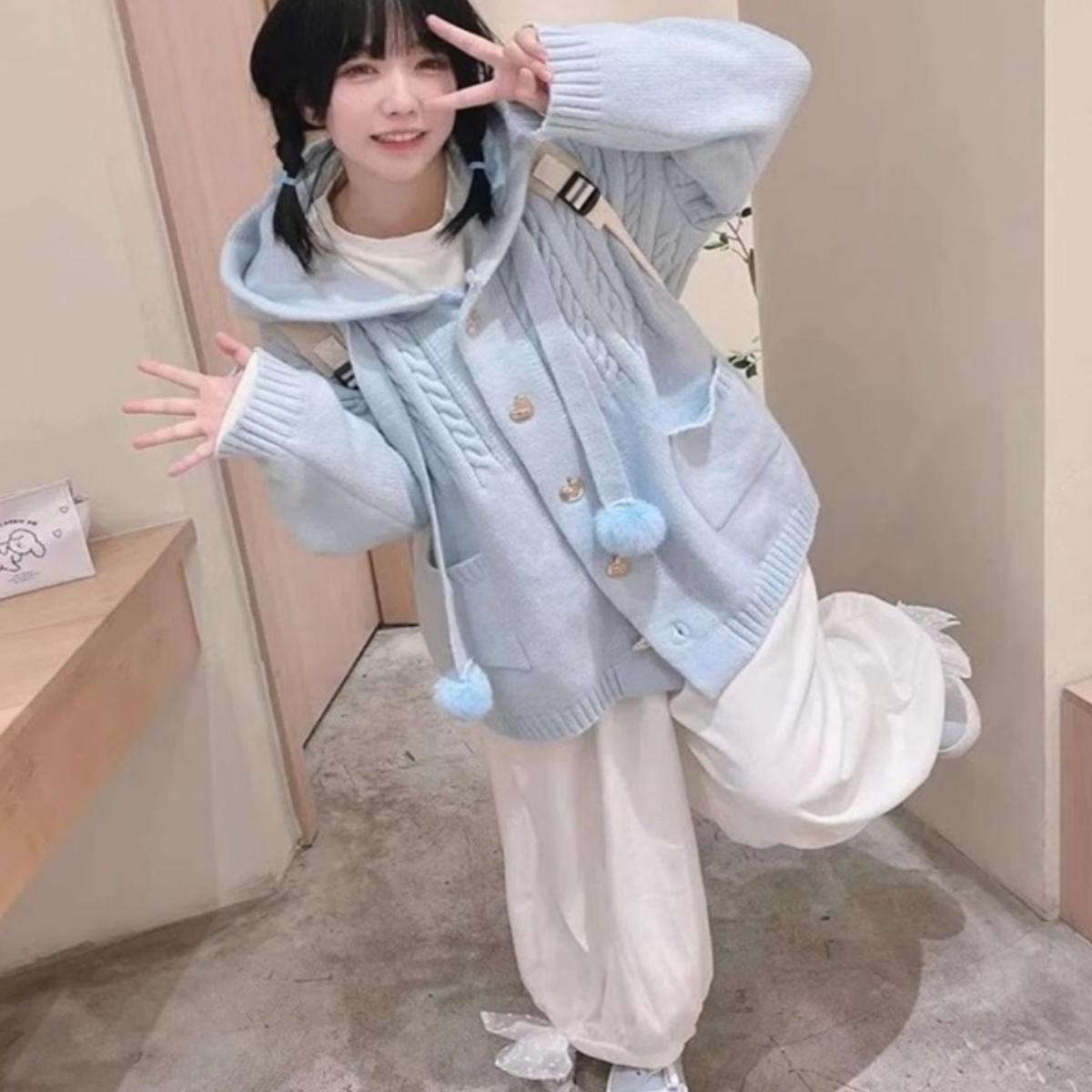 2024秋冬新款日系复古慵懒可爱奶fufu连帽毛衣外套针织开衫女秋冬