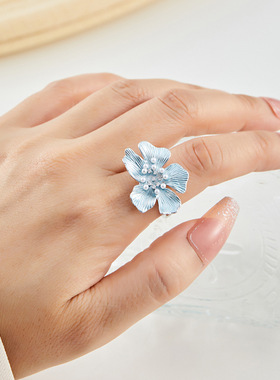 春夏漂亮蓝色拉丝花朵开口戒指时尚百搭可调节食指戒新款