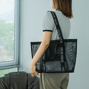 网纱单肩包大容量手提包网格大号黑色网兜托特包妈咪轻便高级感女