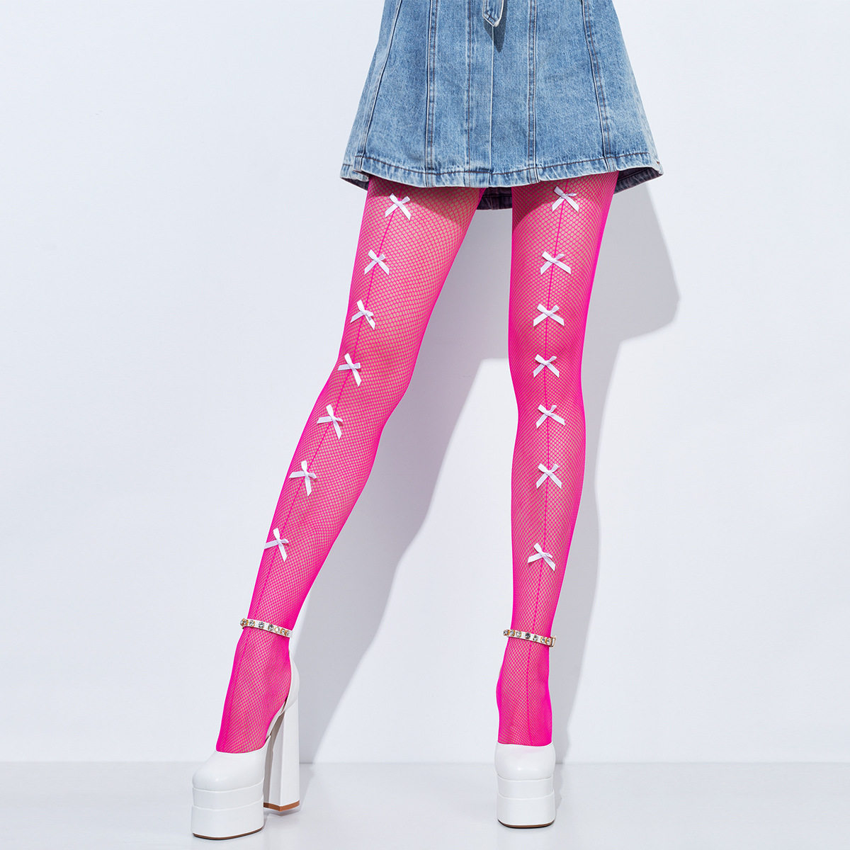 黑丝渔网袜女性感丝袜夏季薄款玫红jk辣妹蝴蝶结鱼网超薄连裤网袜