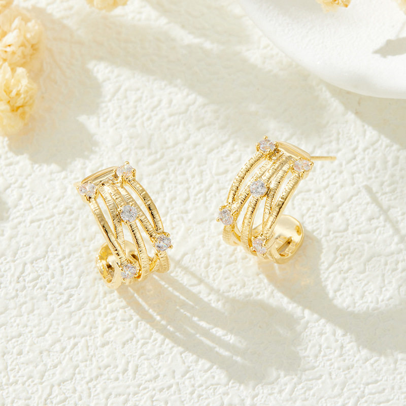 轻奢小奢华计时多层镶锆耳钉百搭铜合金真金电镀耳环s925银针