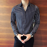 2026春夏店主风V领竖条纹经典休闲男士长袖衬衫C016C/P55控75，男装衬衫，电商A243