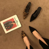 气质细跟豹纹懒人浅口凉拖 法式 包头外穿半拖鞋 女低跟尖头2025新款