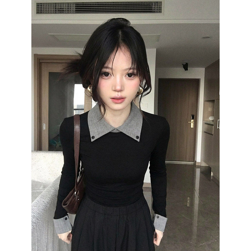 韩系撞色polo翻领长袖T恤女2026春秋薄款修身收腰内搭打底上衣潮