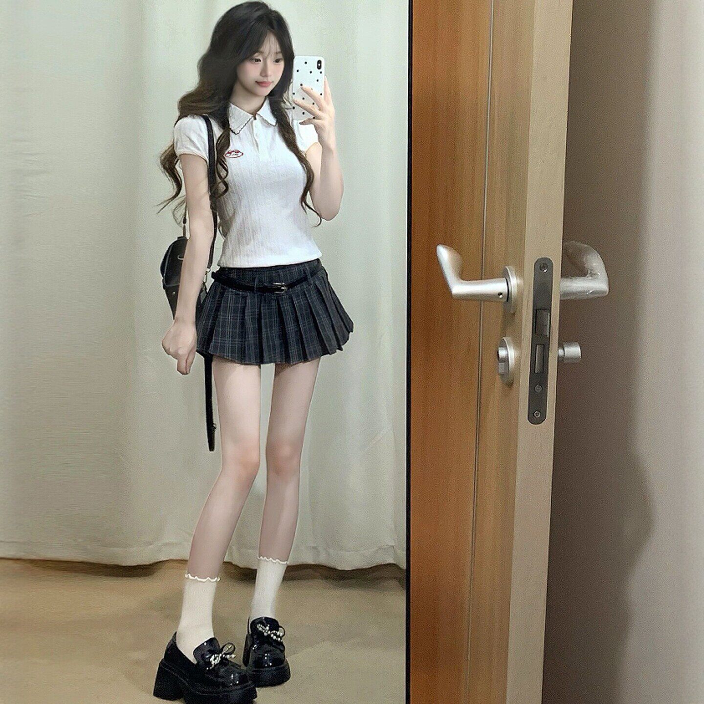 美式复古少女休闲运动套装夏季显瘦正肩短袖polo衫百褶短裙两件套