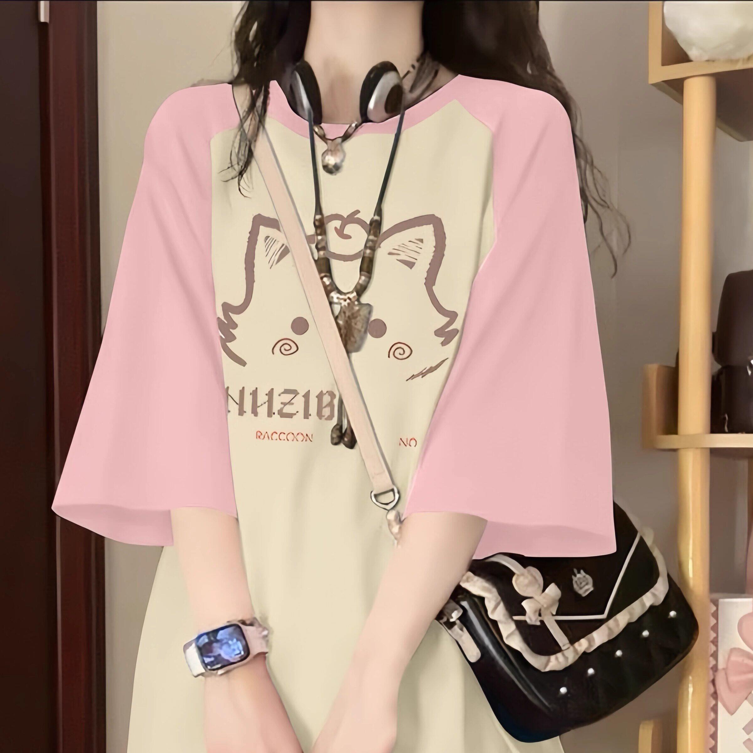 美式复古插肩短袖t恤女大童夏季装2026初中高中学生宽松半袖上衣