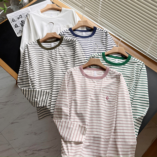 素系~木巨590+秋季新复古条纹撞色百搭宽松O字母长袖打底衫T恤女