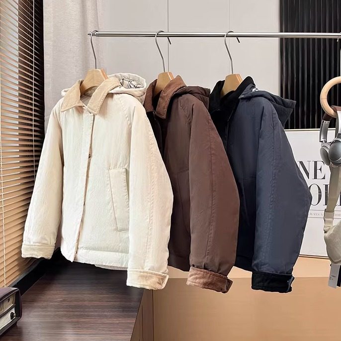 日单~试衣间U冬新空气棉加厚保暖可拆卸连帽灯芯绒翻领棉服外套女