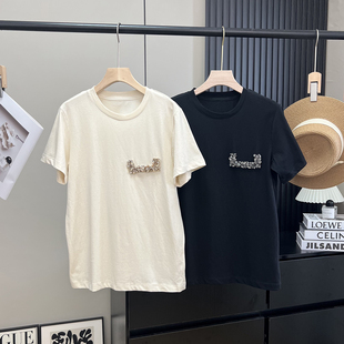 T恤女夏新 手工钻络花工艺纯棉紧密纺纯色圆领短袖 轻奢线 高级感