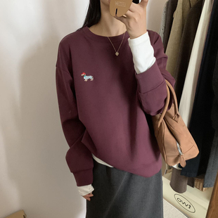 外贸女装秋装新品慵懒宽松百搭小狗刺绣太空棉圆领长袖卫衣外套女