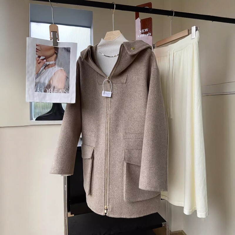 高端轻奢~木巨9000+法式羊绒羊毛连帽抽绳双面呢大衣双口袋外套女