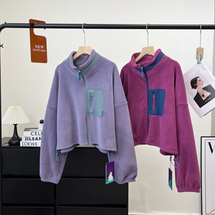 大厂订单！轻量化摇粒绒加厚保暖撞色口袋立领休闲短夹克外套女冬