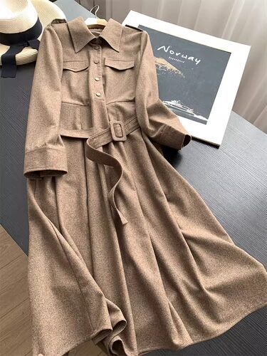 复古肩章连衣裙收腰毛呢连衣裙女