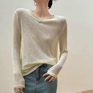 2024夏季 极简基础款 外贸女装 新款 女上衣 薄款 防晒棉麻宽松针织罩衫