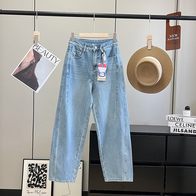 定织混彩蓝显腿直锥形高腰牛仔裤