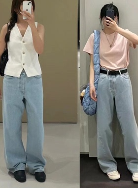 北欧C+木巨990+休闲版型高腰显瘦浅蓝色水洗复古直筒阔腿牛仔裤女