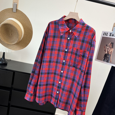 竹节纹全棉长袖格纹衬衫女上衣