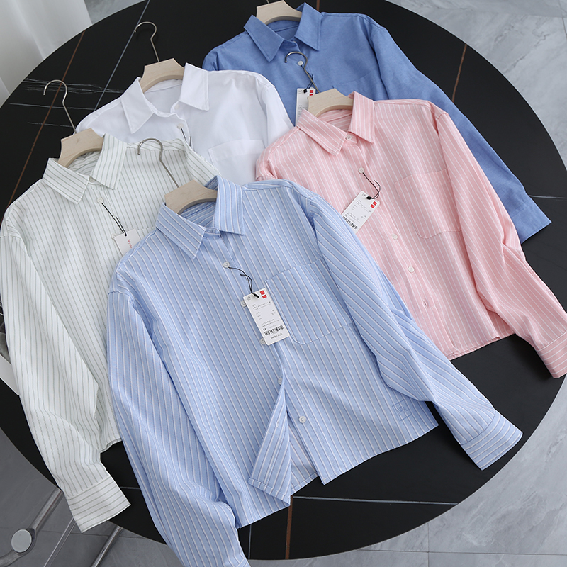 牛津纺箱型翻领长袖衬衫女上衣