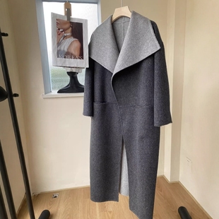 塔尖好货!T家木巨9500+深麻灰色青果领双色经典双面呢羊毛大衣女