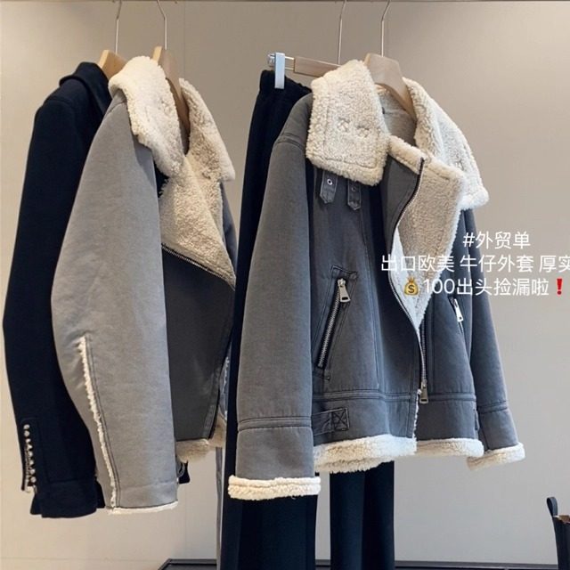 走欧美~缘货!加厚加绒挺括仿羊羔毛保暖皮毛一体短款牛仔外套女