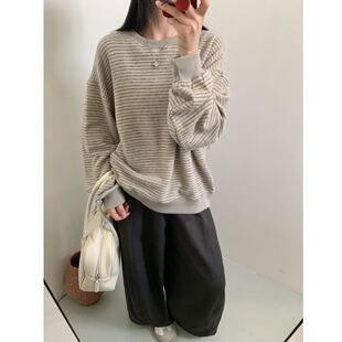 外贸女装 2025秋装新款百搭宽松休闲仿兔毛绒条纹套头卫衣女上衣