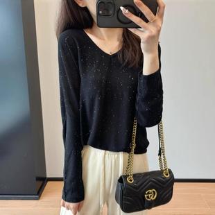 璀璨星空闪闪亮片~莱赛尔天丝V领针织衫蝙蝠袖长袖罩衫女上衣秋新