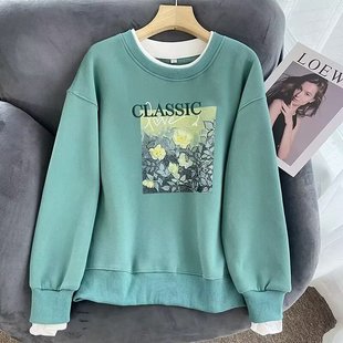 减龄字母刺绣印花撞色圆领加绒卫衣外套女 韩版 外贸女装 秋冬新款