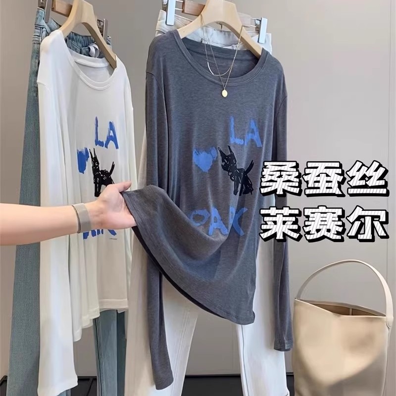 桑蚕丝莱赛尔天丝圆领卡通猫T恤